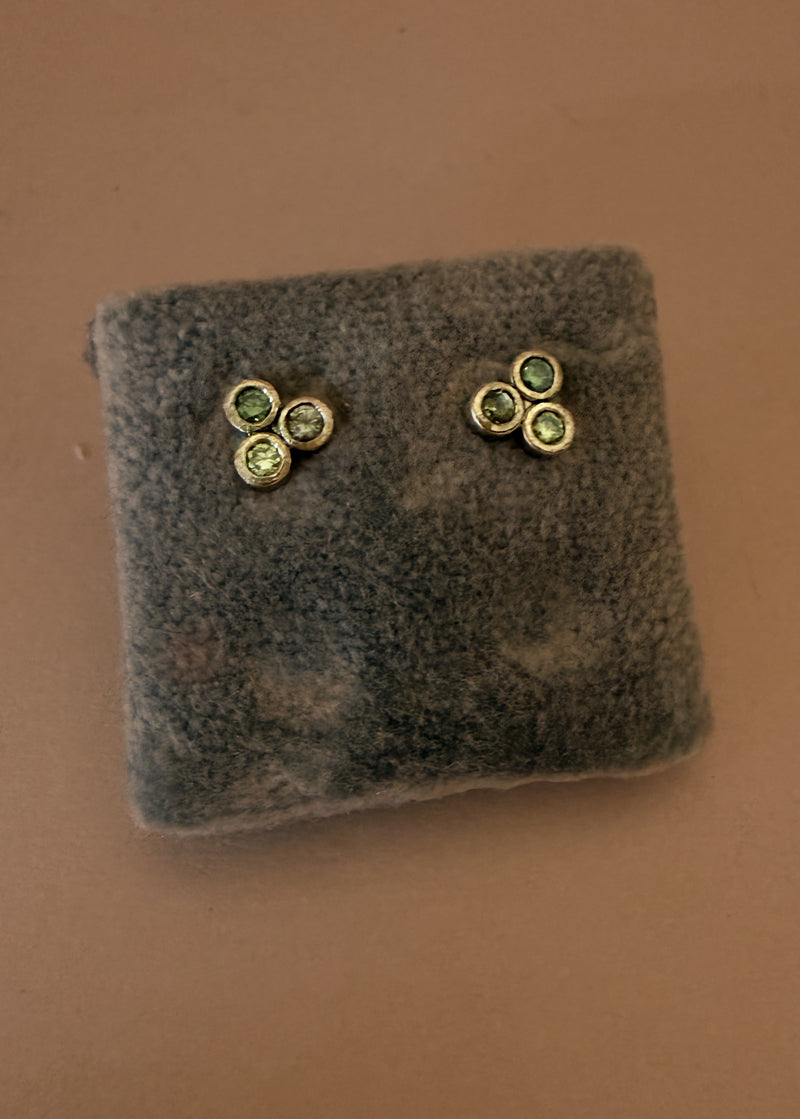 Gold Three Stone Green Studs