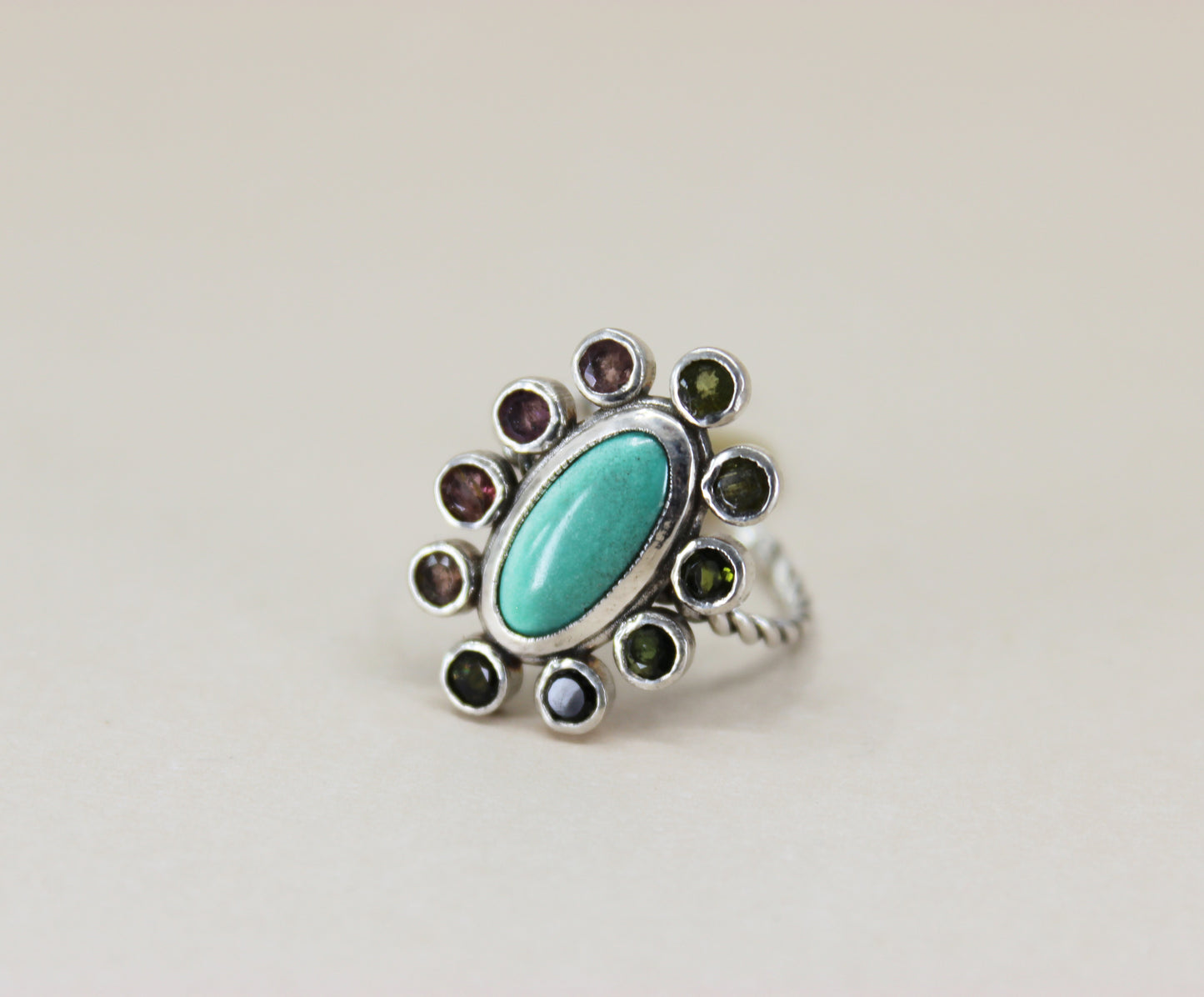 Sterling Turquoise ring with Tourmaline Halo