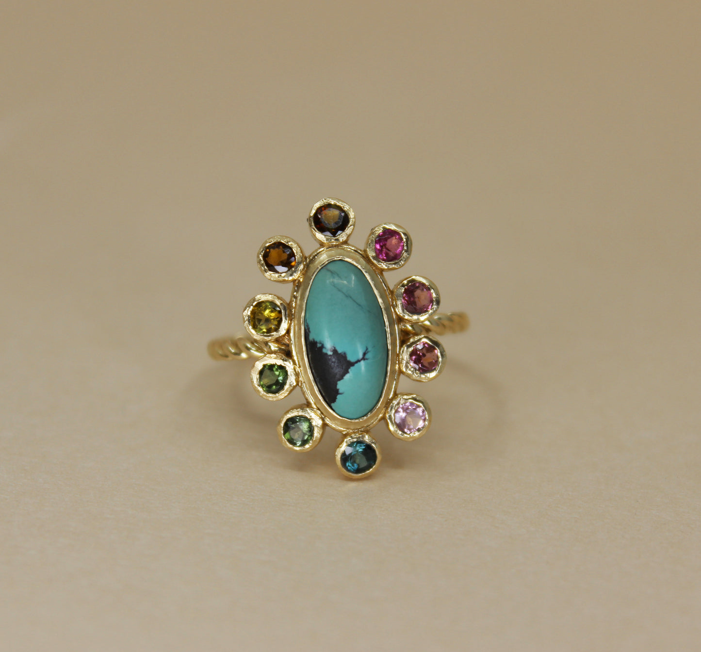 10KY Turquoise Rainbow Tourmaline Halo Ring