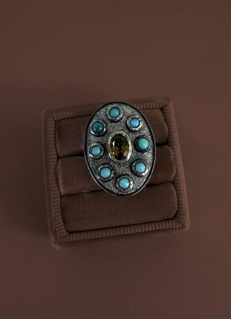 Sterling Ring with Turquoise and Honey Tourmaline
