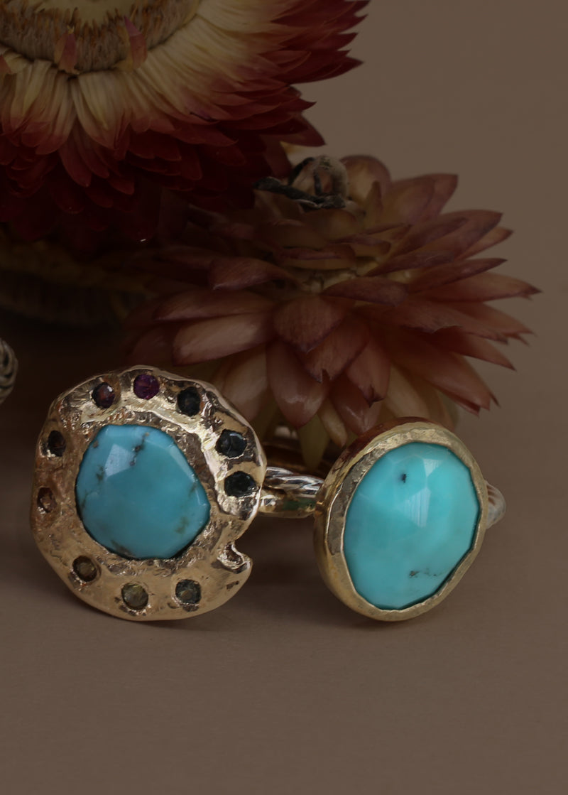 Gold Statement Ring with Turquoise and Sapphires