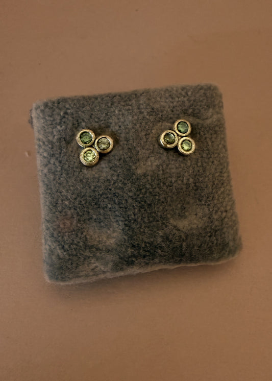 Gold Three Stone Green Studs