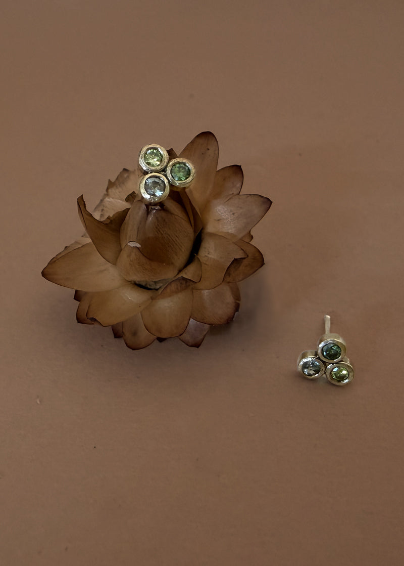 Gold Three Stone Green Studs