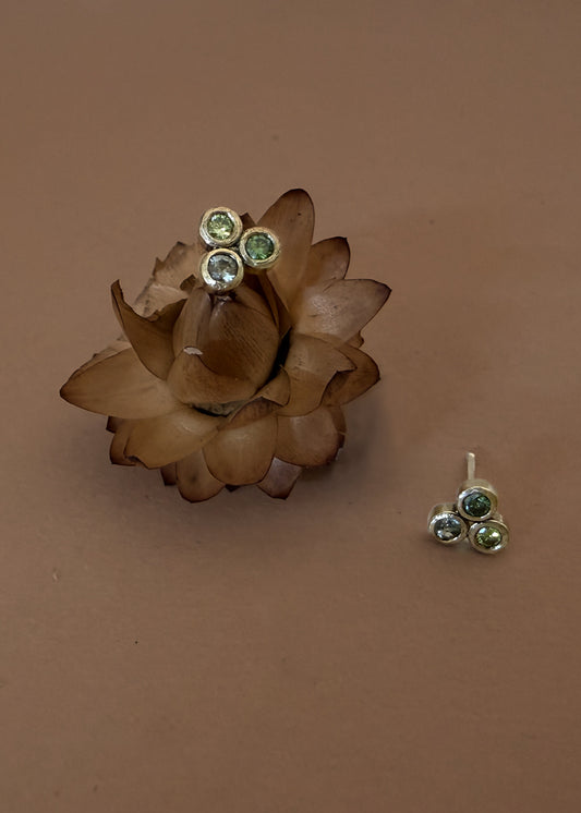 Gold Three Stone Green Studs