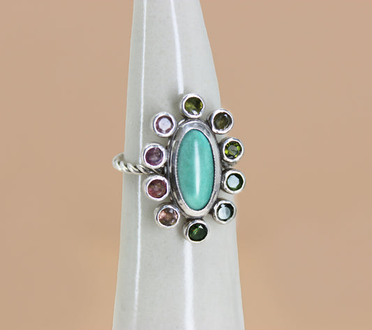 Sterling Turquoise ring with Tourmaline Halo