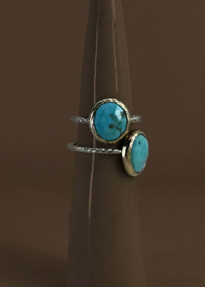 Sterling Turquoise Rope Ring with Gold Bezel, Mixed Metal Jewelry