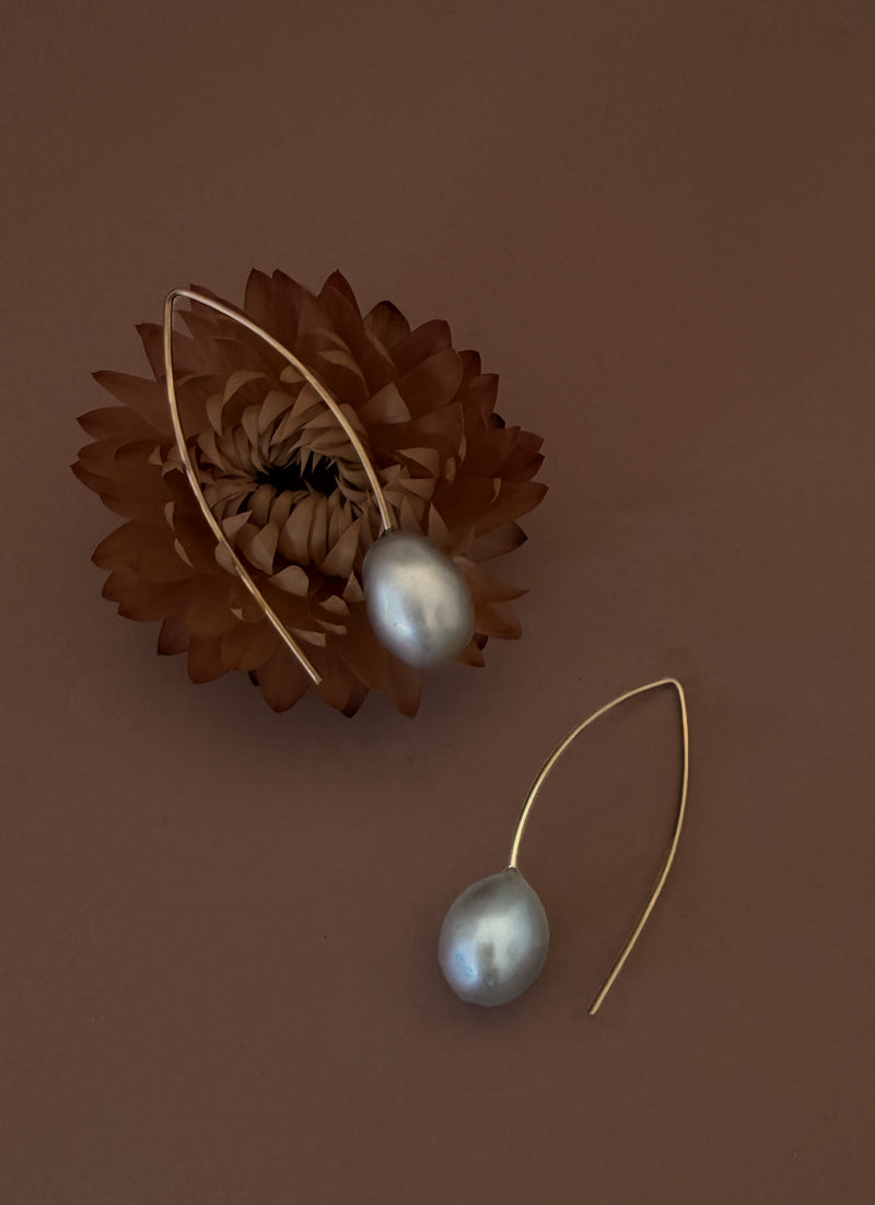 Gold Pearl Earrings, Long Pearl Ear-hooks