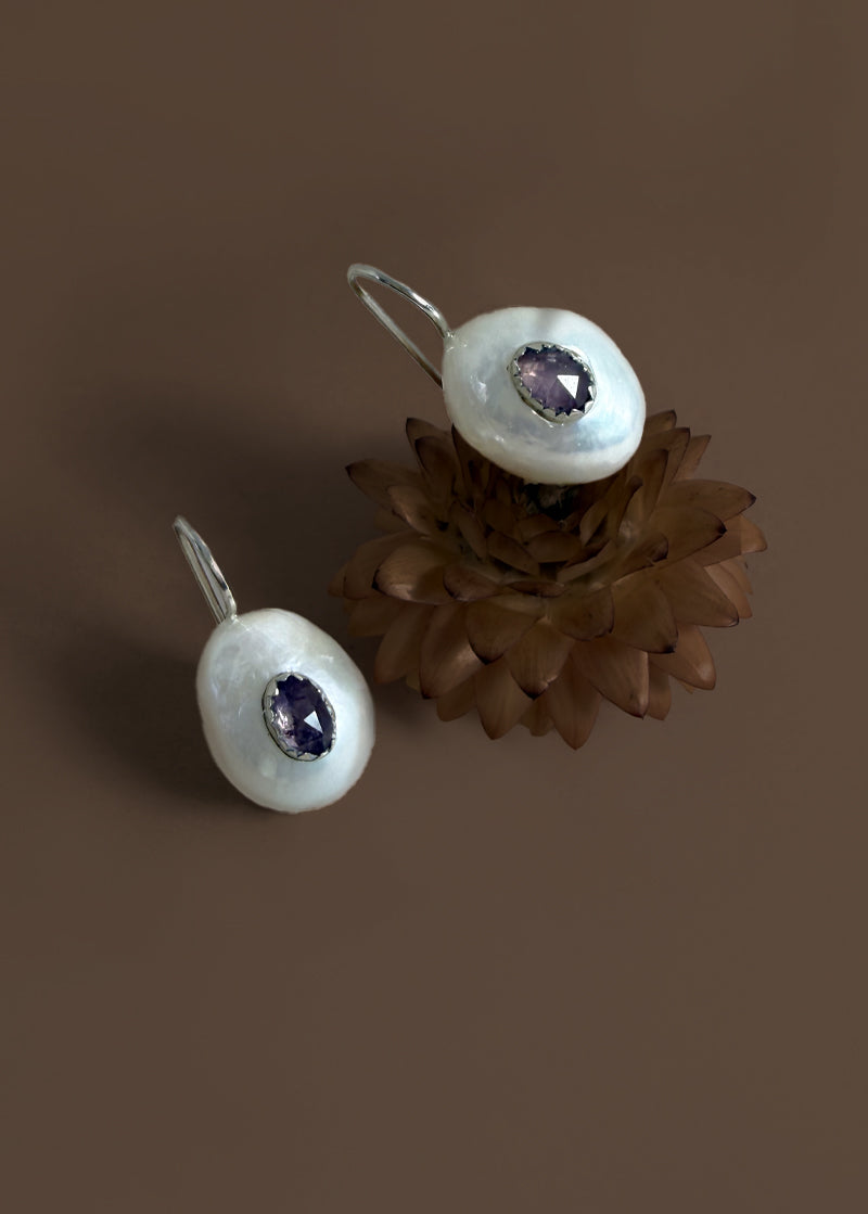 Baroque Pearl Earrings with Purple Spinel Inlay