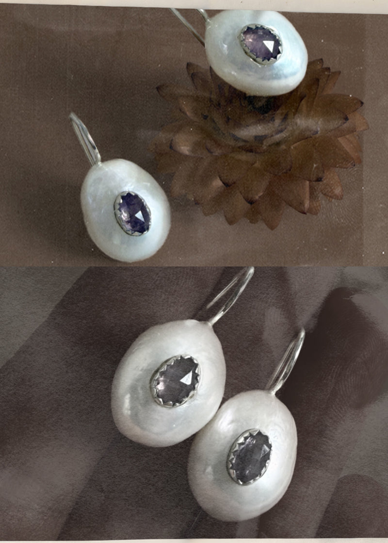 Baroque Pearl Earrings with Purple Spinel Inlay