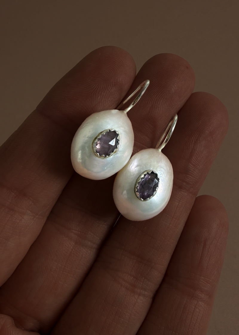Baroque Pearl Earrings with Purple Spinel Inlay
