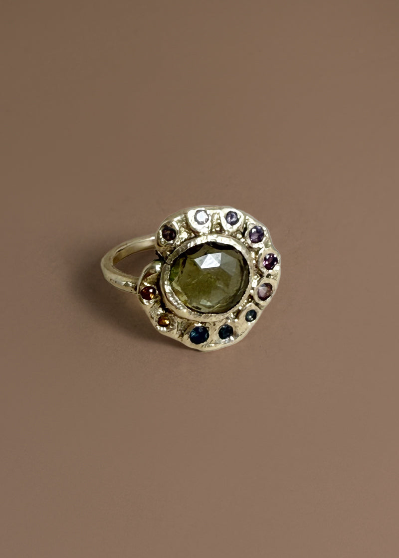 Gold Green Tourmaline and Spinel Ring