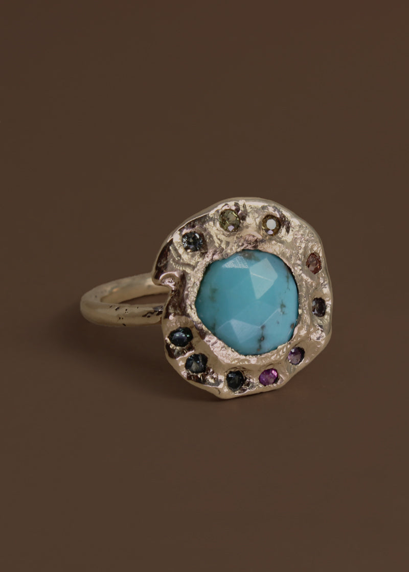 Gold Statement Ring with Turquoise and Sapphires