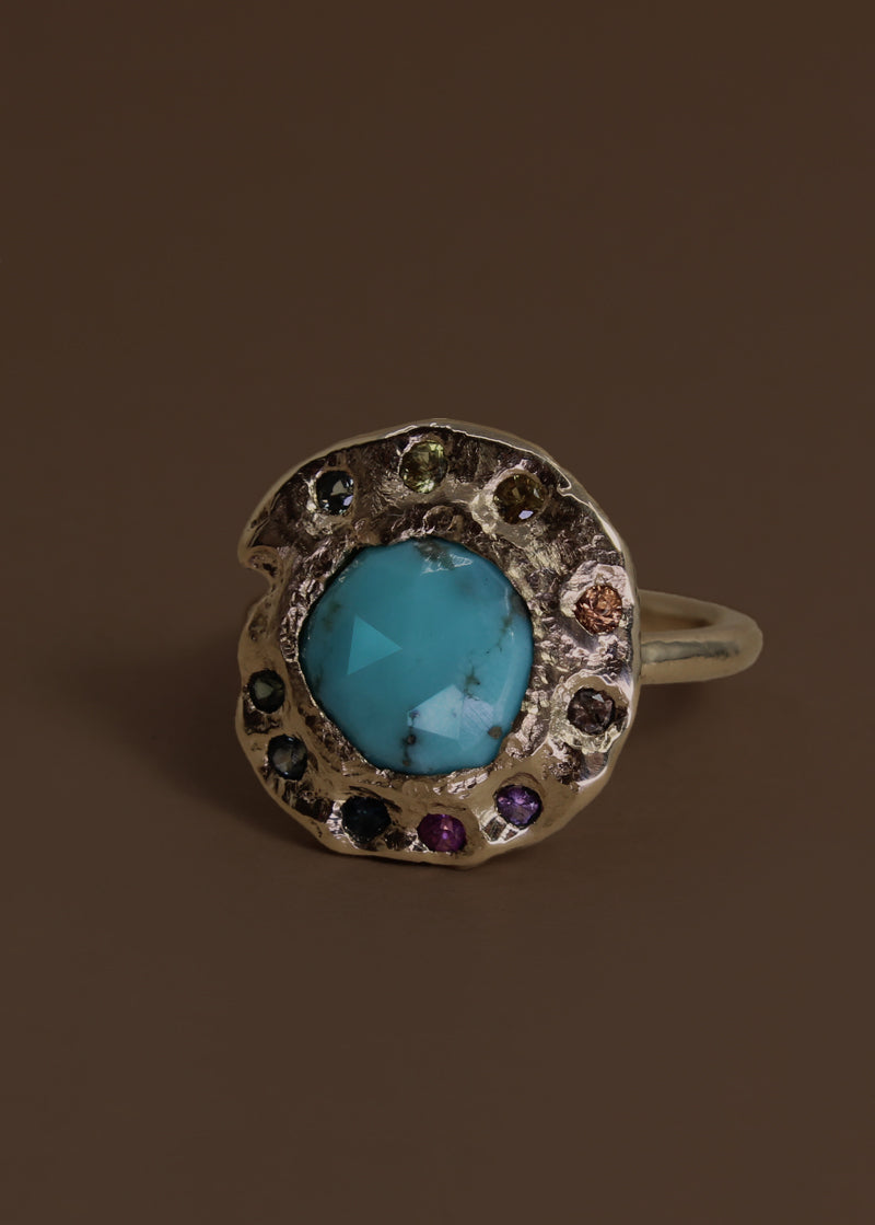 Gold Statement Ring with Turquoise and Sapphires
