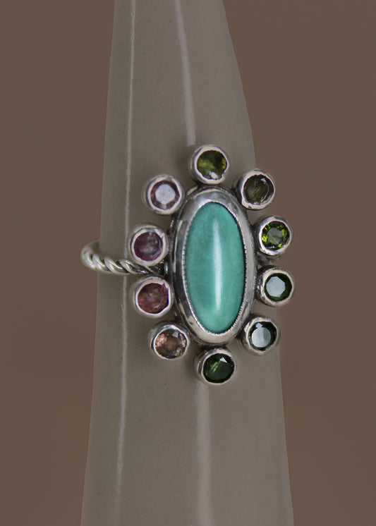 Sterling Turquoise ring with Tourmaline Halo
