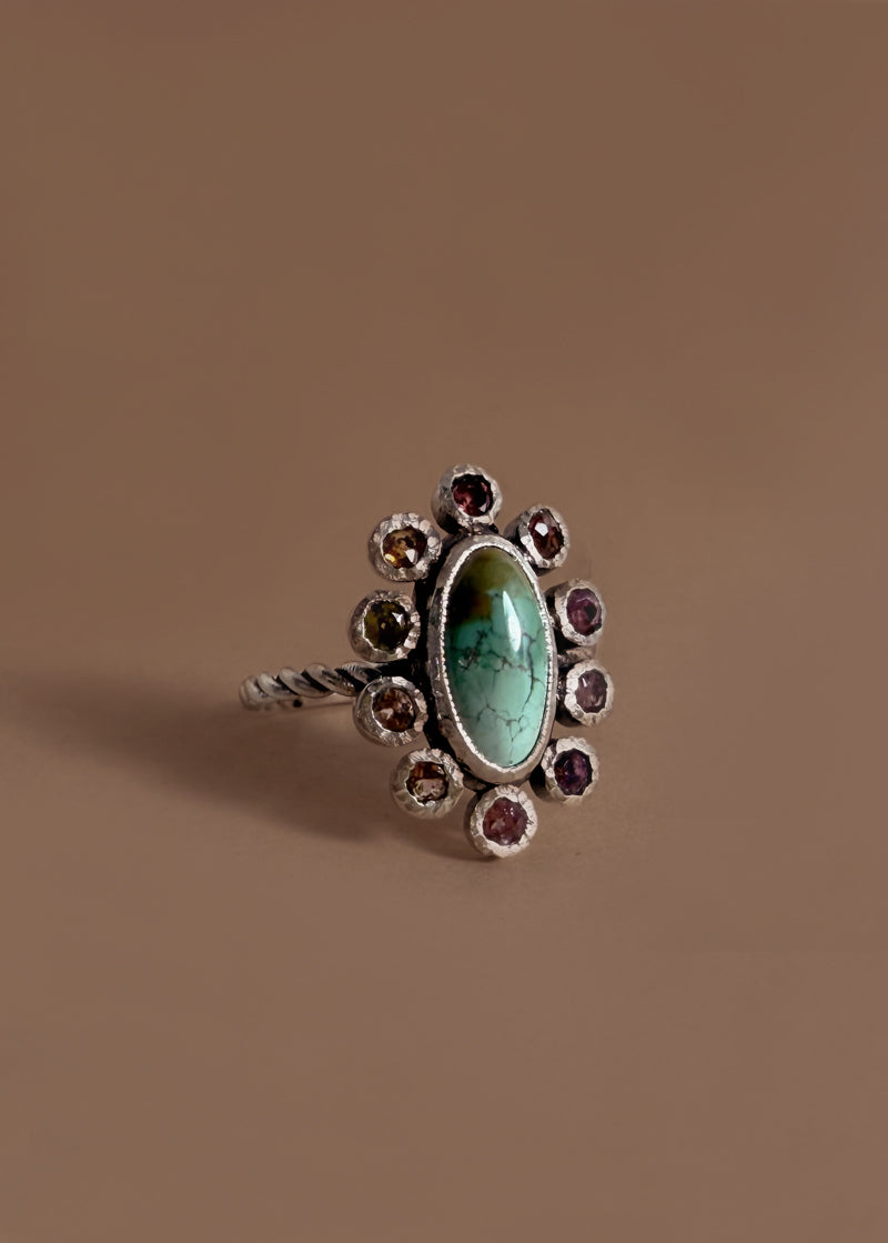 Turquoise Ring with Tourmaline and Spinel