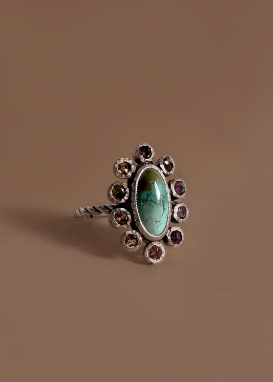 Turquoise Ring with Tourmaline and Spinel